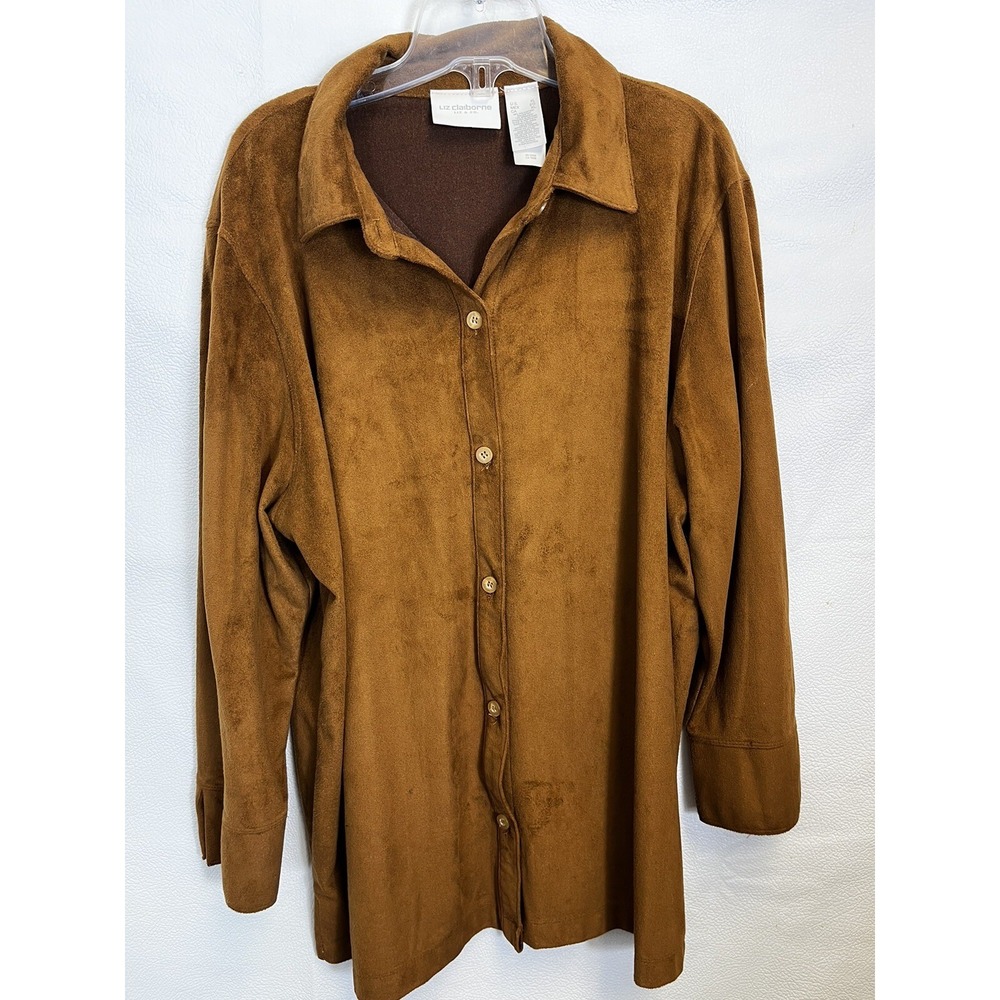 Liz Claiborne XLg Poly Suede Cloth Blouse Button Front 3/4 Sleeve Brown Western